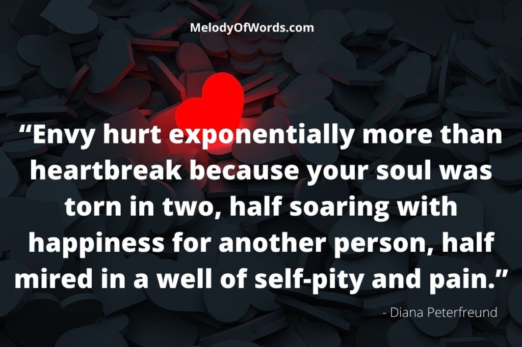 “Envy hurt exponentially more than heartbreak because your soul was torn in two, half soaring with happiness for another person, half mired in a well of self-pity and pain.” - Diana Peterfreund